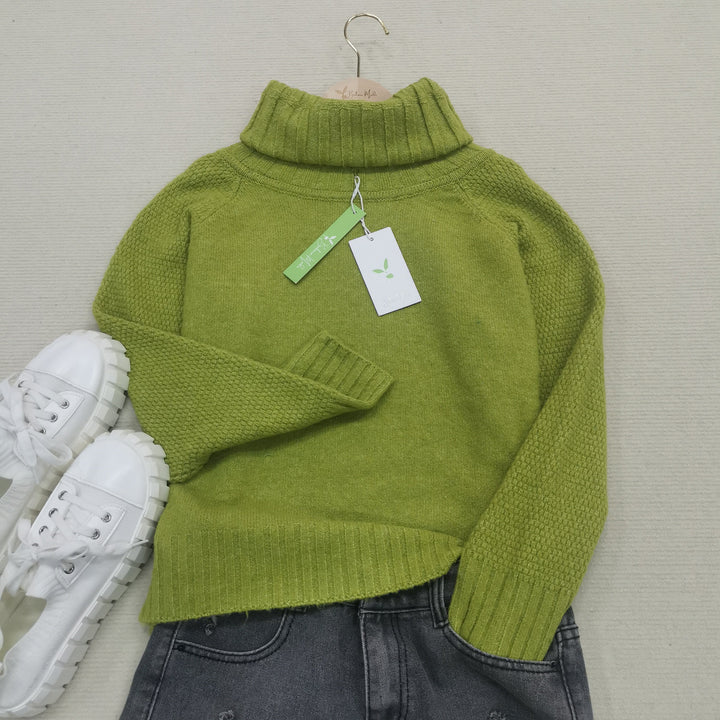 Light Green, Oversized Knitted Turtleneck Sweater - HerbstGlanz