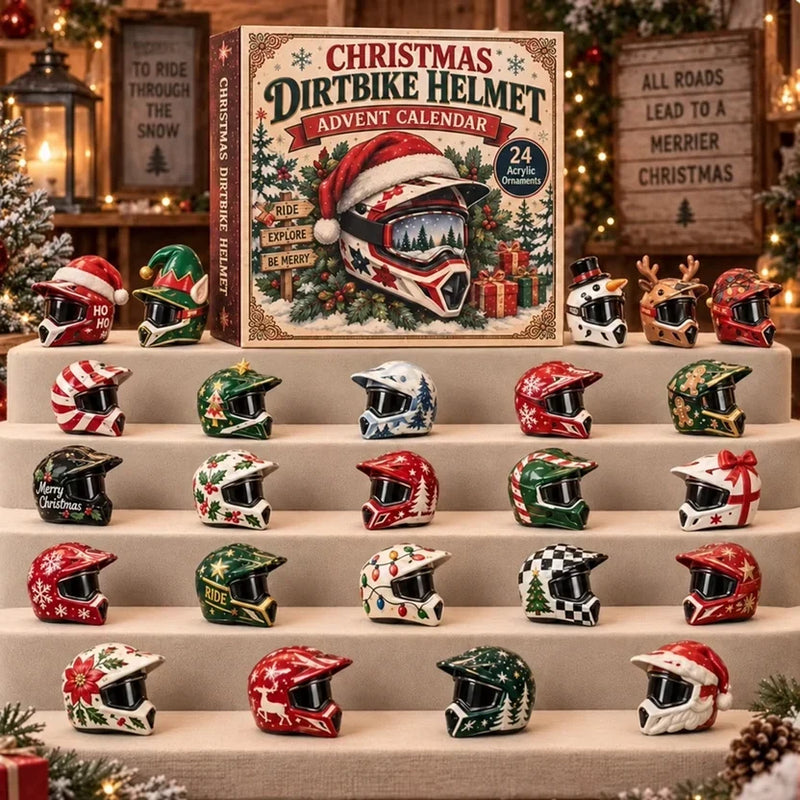 Kerstdoos met motorcrosshelm en daaronder 24 kleine feestelijk versierde helmen op beige trappen, onder meer als elf en 11