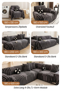 Vijf maten van de hoes getoond op fauteuil, loveseat en bank van twee tot vier zitplaatsen 7
