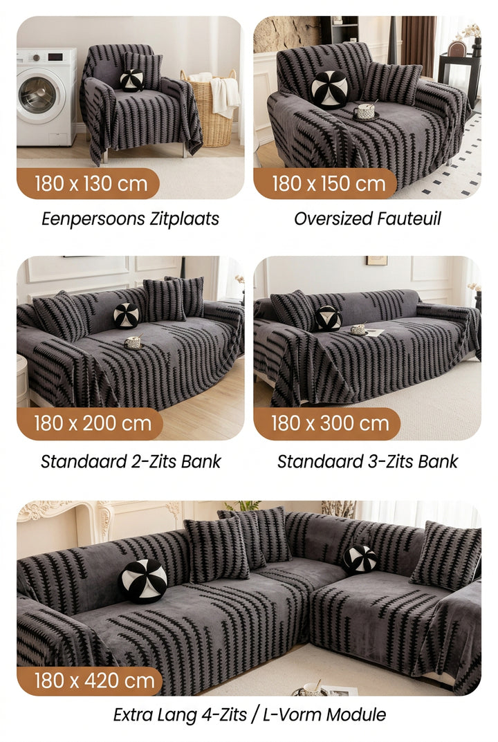 Vijf maten van de hoes getoond op fauteuil, loveseat en bank van twee tot vier zitplaatsen 7