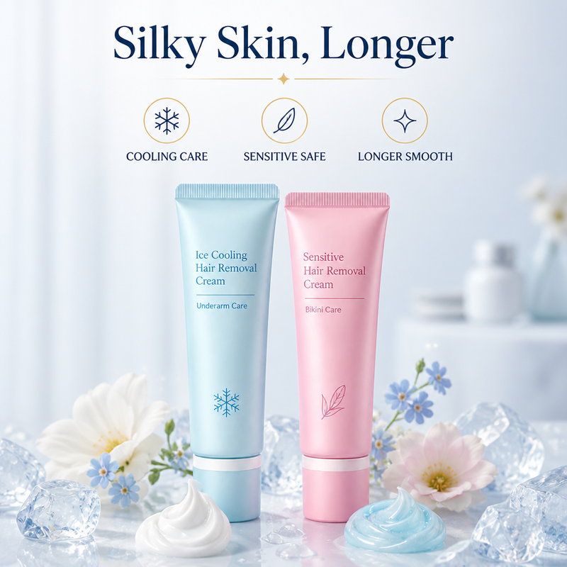 Blauwe en roze tube tussen ijsblokjes en bloemen, met een witte en een blauwe klodder crème en drie kenmerkpictogrammen erboven. 3