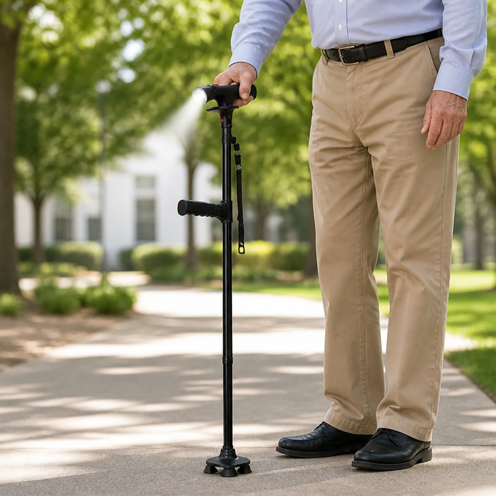 Man in lichte broek en overhemd steunt op de zwarte wandelstok tijdens een wandeling in het park 3