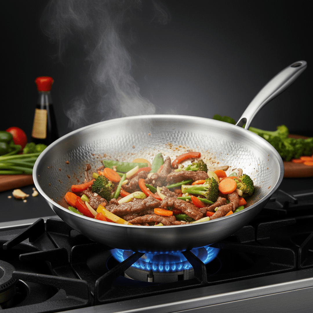 Wokpan met roergebakken vlees, broccoli, wortel en paprika op een gasfornuis met blauwe vlam en opstijgende stoom. 5