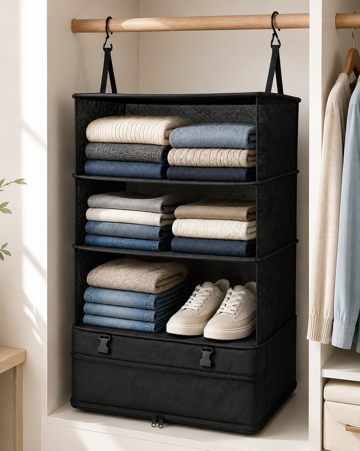 Gevulde organizer met drie planken, truien, spijkerbroeken en sneakers, hangend aan een houten stang 10