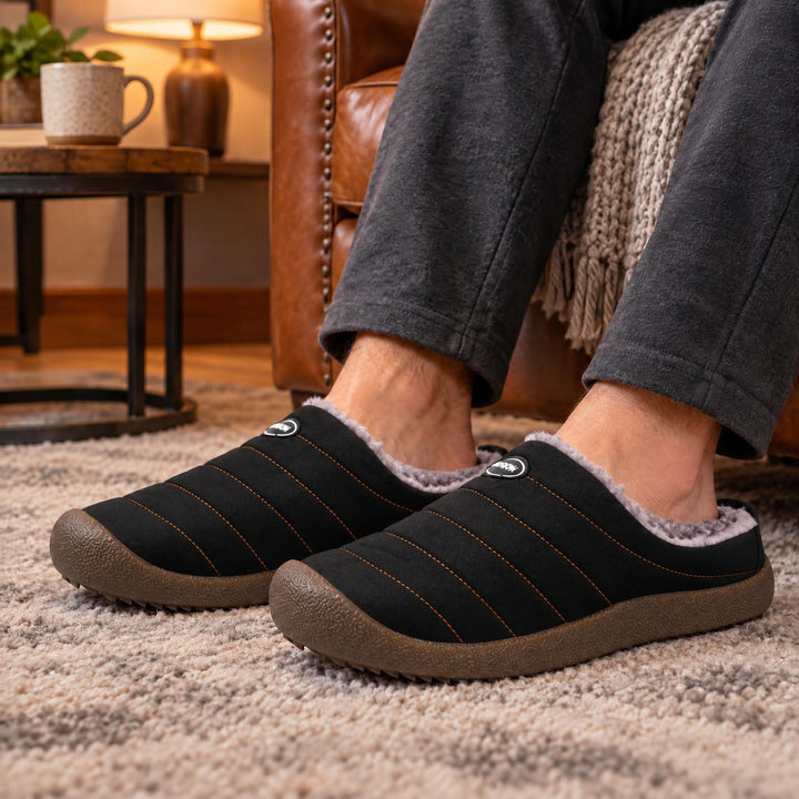 Zwarte gewatteerde pantoffels met pluche voering, gedragen door een man die ontspannen in een leren fauteuil zit 4