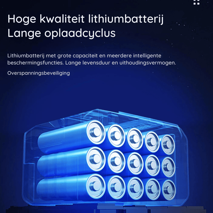 Blauwe infographic met doorzichtige batterijbehuizing vol cilindrische lithiumcellen, met uitleg over lange oplaadcyclus en overspanningsbeveiliging. 6