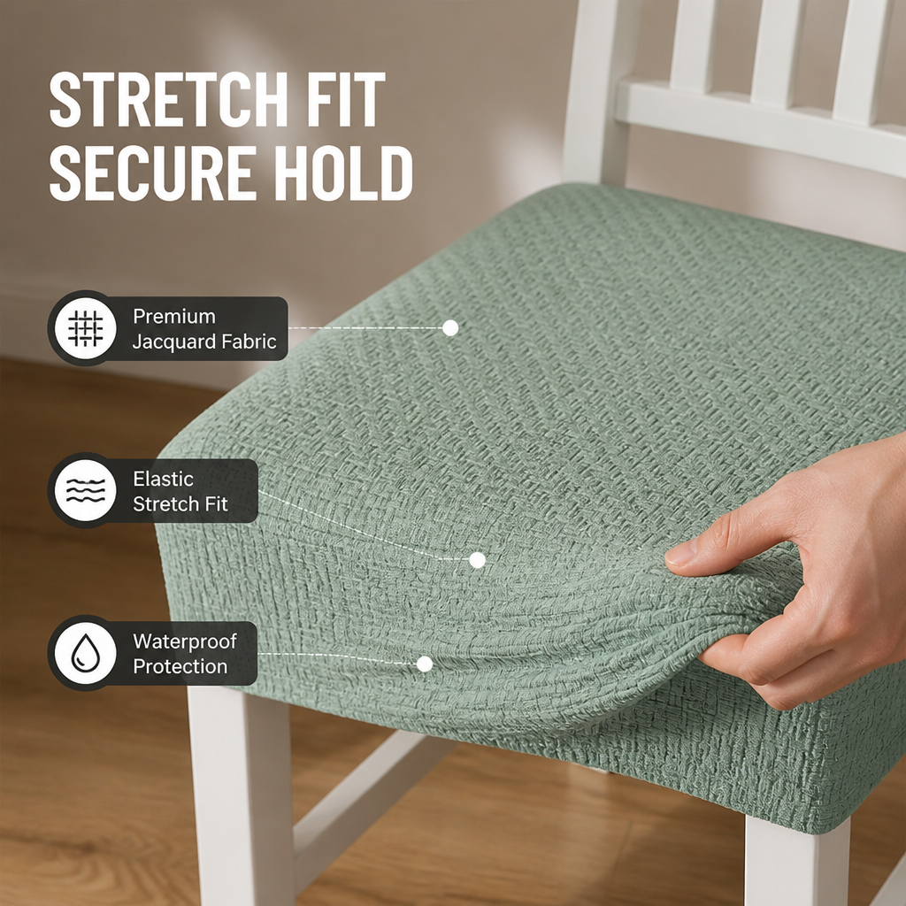 Close-up van een groene gejacquardde stoelhoes waar een hand de elastische stof optilt, met icoontjes voor stof, pasvorm en waterbescherming. 3