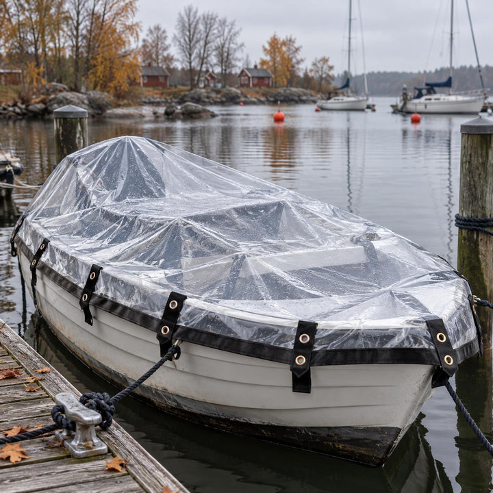 Wit roeibootje aan de steiger, afgedekt met een doorzichtig zeil met zwarte rand en metalen ogen 1