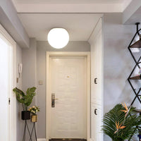 Witte bolvormige plafondlamp in een lichte hal voor een crèmekleurige voordeur met planten 5