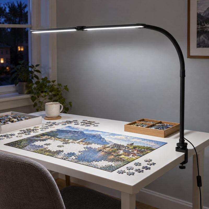 Zwarte klemlamp met brede ledbalk verlicht 's avonds een tafel waarop een legpuzzel wordt gemaakt 1