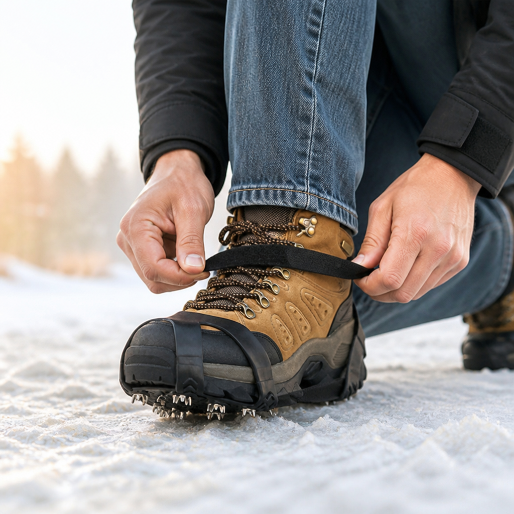 Persoon trekt de klittenbandband van de antislipijzers aan op een wandelschoen in de sneeuw 3