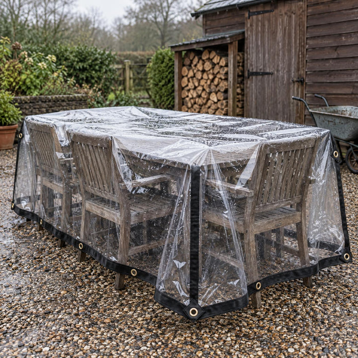 Transparant zeil met zwarte rand en oogjes over een houten tuintafel met stoelen, met regendruppels 1