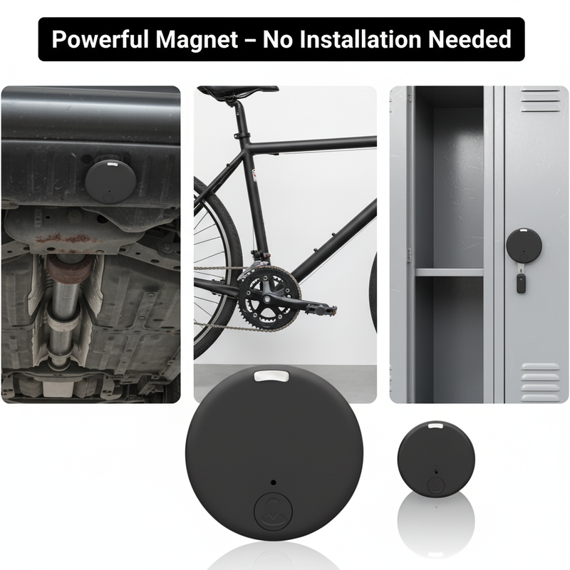 Tracker magnetisch bevestigd onder een auto, aan een fietsframe en op een metalen kluisjesdeur, met twee losse trackers eronder. 6