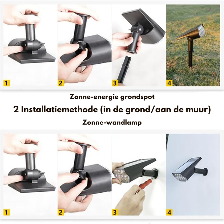 Installatiestappen in beeld: de tuinspot in de grond plaatsen of met schroeven aan de muur bevestigen. 7