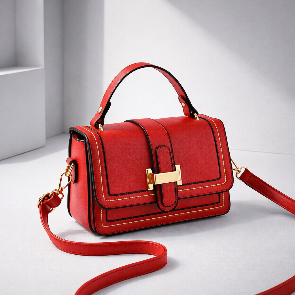 Rode tas met glanzende gouden sluiting en gele siernaden, schuin van voren met de schouderband op de grond gedrapeerd. 8