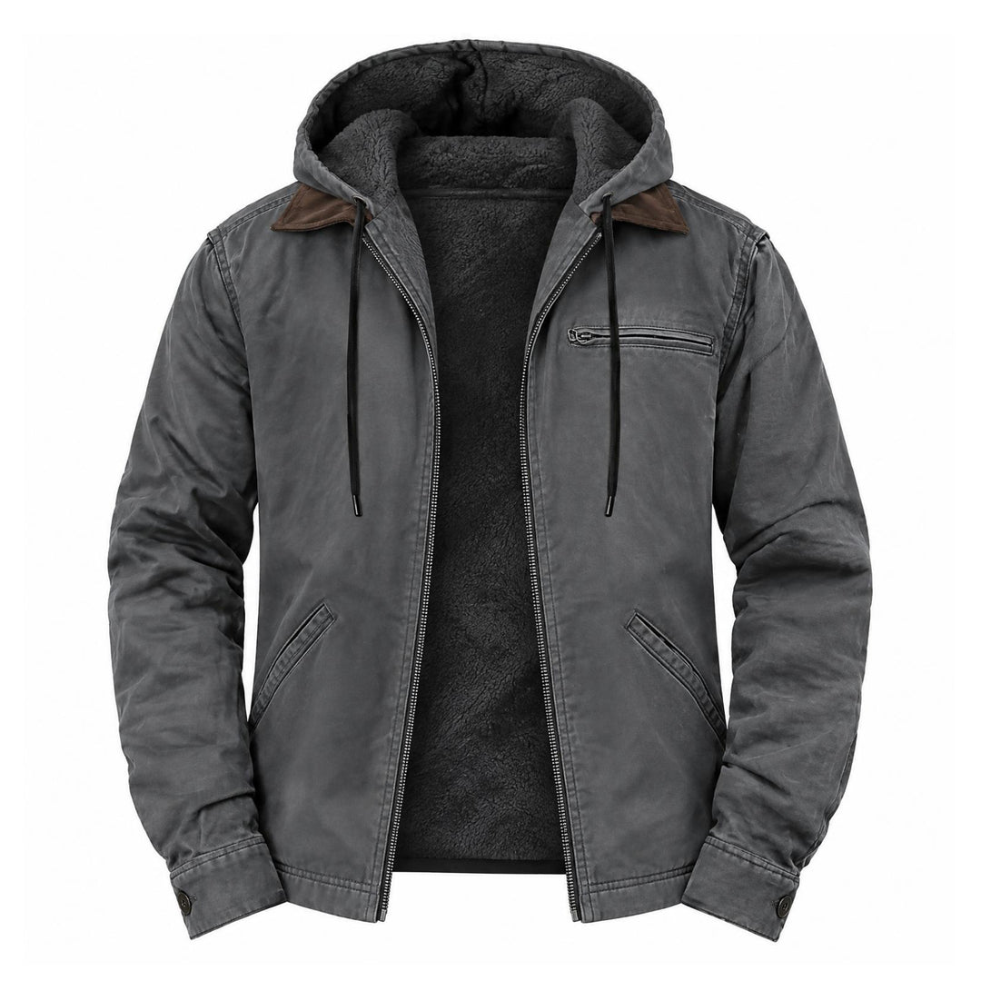 Grijze jas met capuchon open op een witte achtergrond, met zwarte fleece voering 4