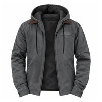 Grijze jas met capuchon open op een witte achtergrond, met zwarte fleece voering 4