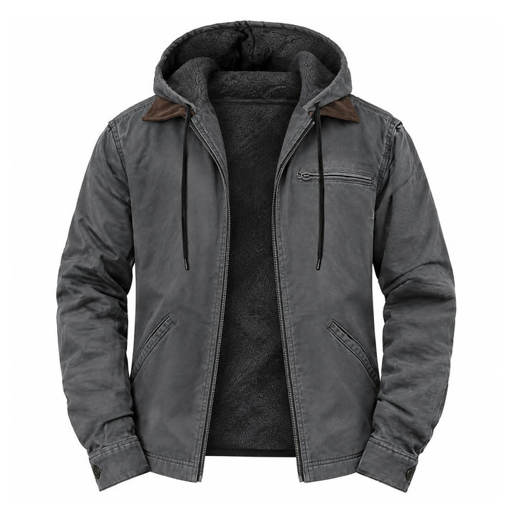 Grijze jas met capuchon open op een witte achtergrond, met zwarte fleece voering 4