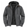 Grijze jas met capuchon open op een witte achtergrond, met zwarte fleece voering 4