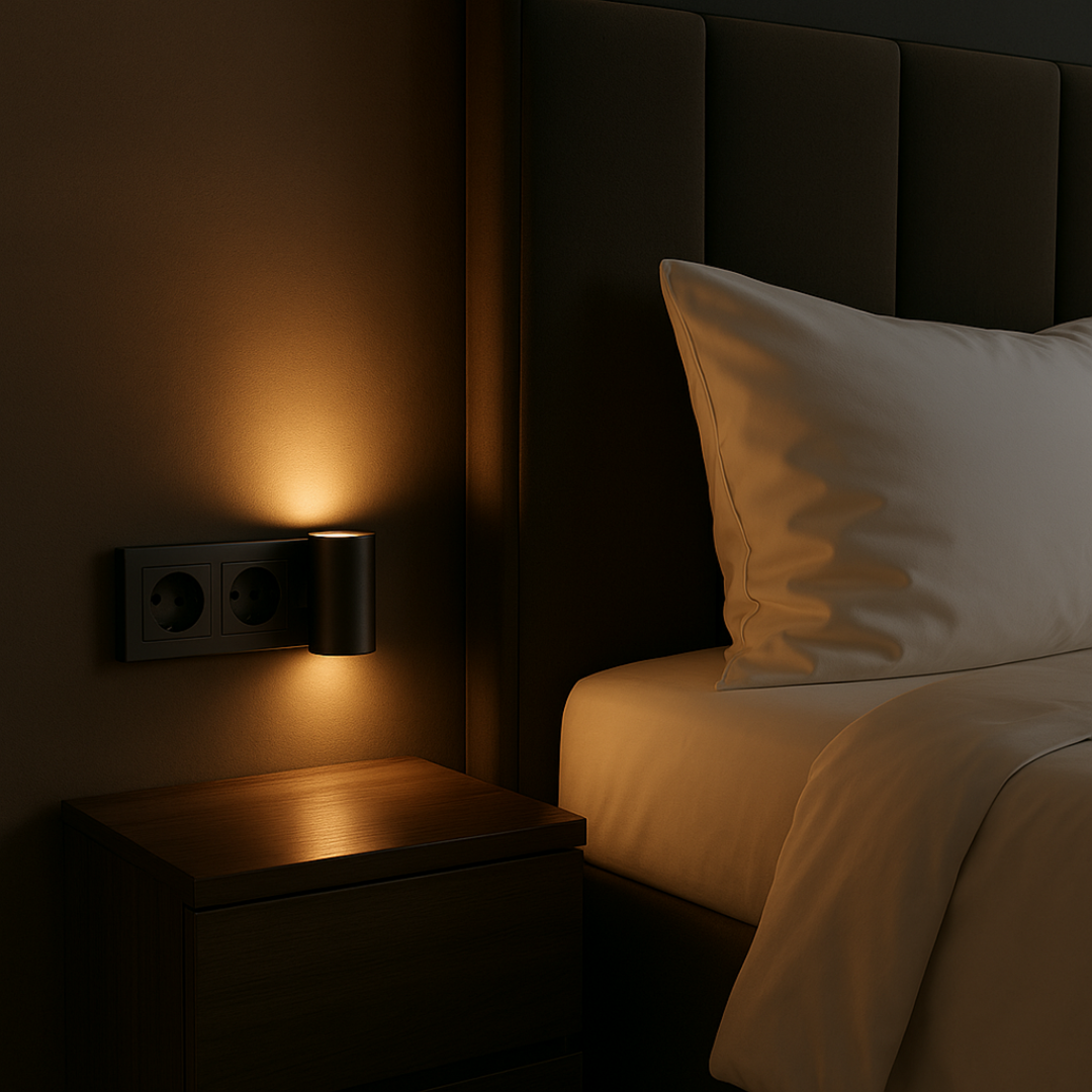 Zwart cilindervormig lampje in een dubbel stopcontact naast een nachtkastje en bed, met zacht warm licht in een donkere slaapkamer. 2