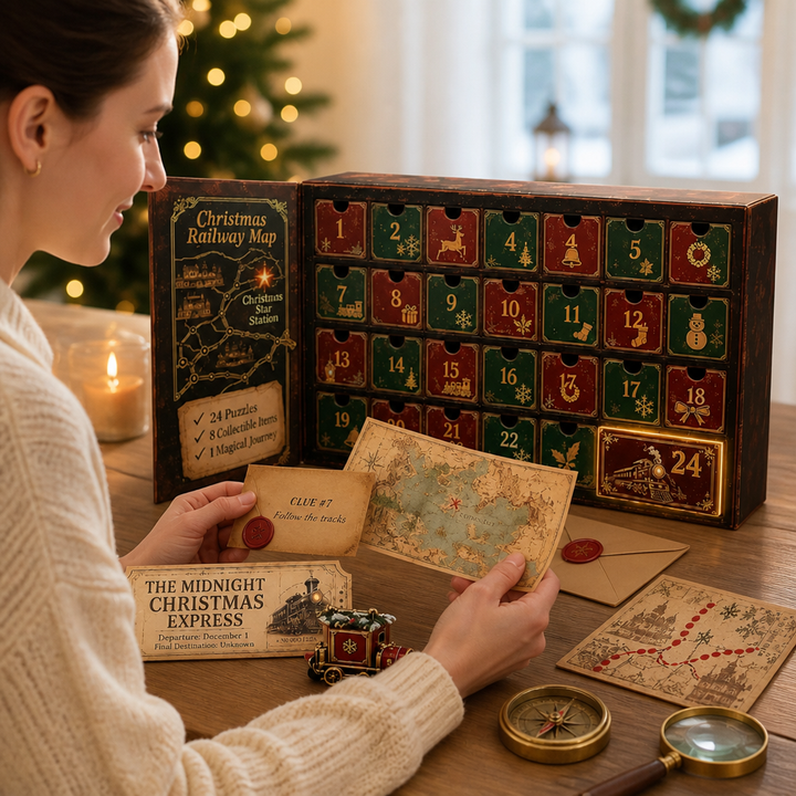 Vrouw in witte trui bekijkt aanwijzingskaarten en een landkaart bij de geopende kalender, met speelgoedtrein, kompas en vergrootglas op tafel. 3