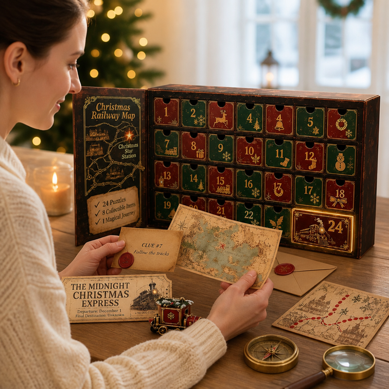 Vrouw in witte trui bekijkt aanwijzingskaarten en een landkaart bij de geopende kalender, met speelgoedtrein, kompas en vergrootglas op tafel. 3