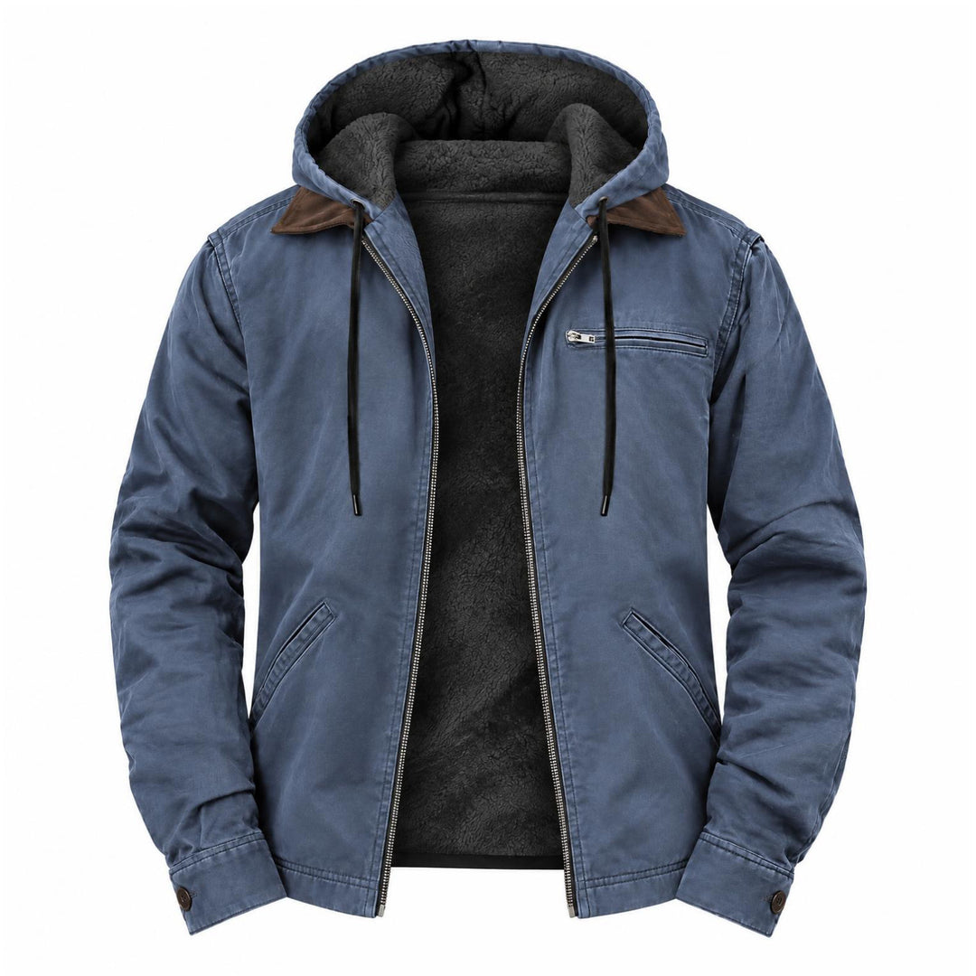 Blauwe jas met capuchon open op een witte achtergrond, met zwarte fleece voering en koorden 5