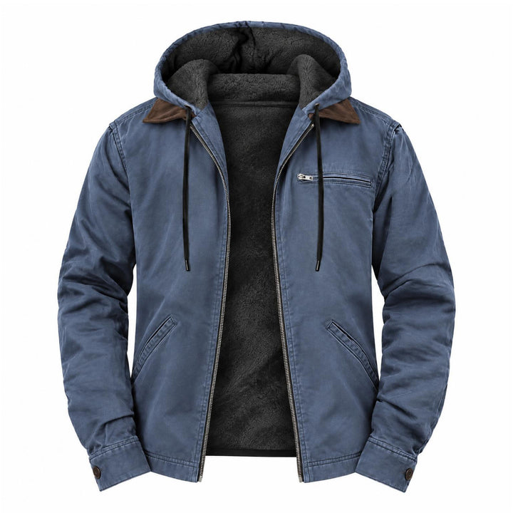 Blauwe jas met capuchon open op een witte achtergrond, met zwarte fleece voering en koorden 5