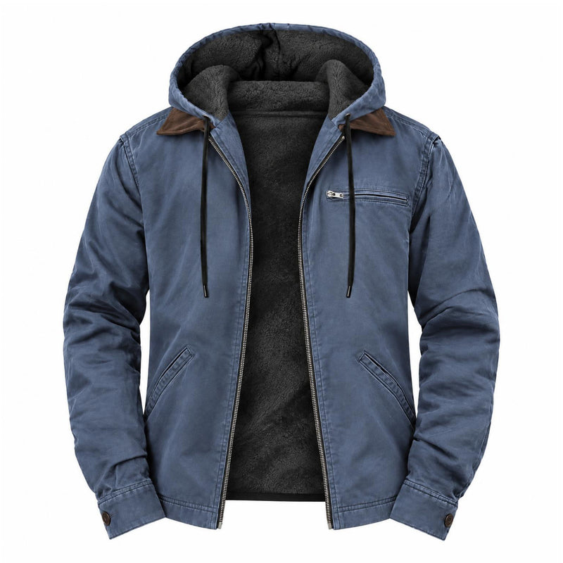 Blauwe jas met capuchon open op een witte achtergrond, met zwarte fleece voering en koorden 5