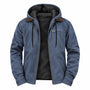 Blauwe jas met capuchon open op een witte achtergrond, met zwarte fleece voering en koorden 5