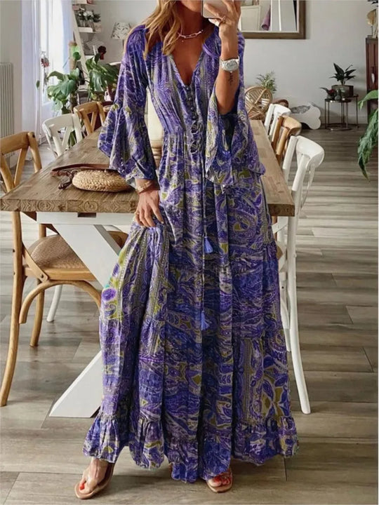 Boho Maxikleed met vloeiende pasvorm & details – Amira