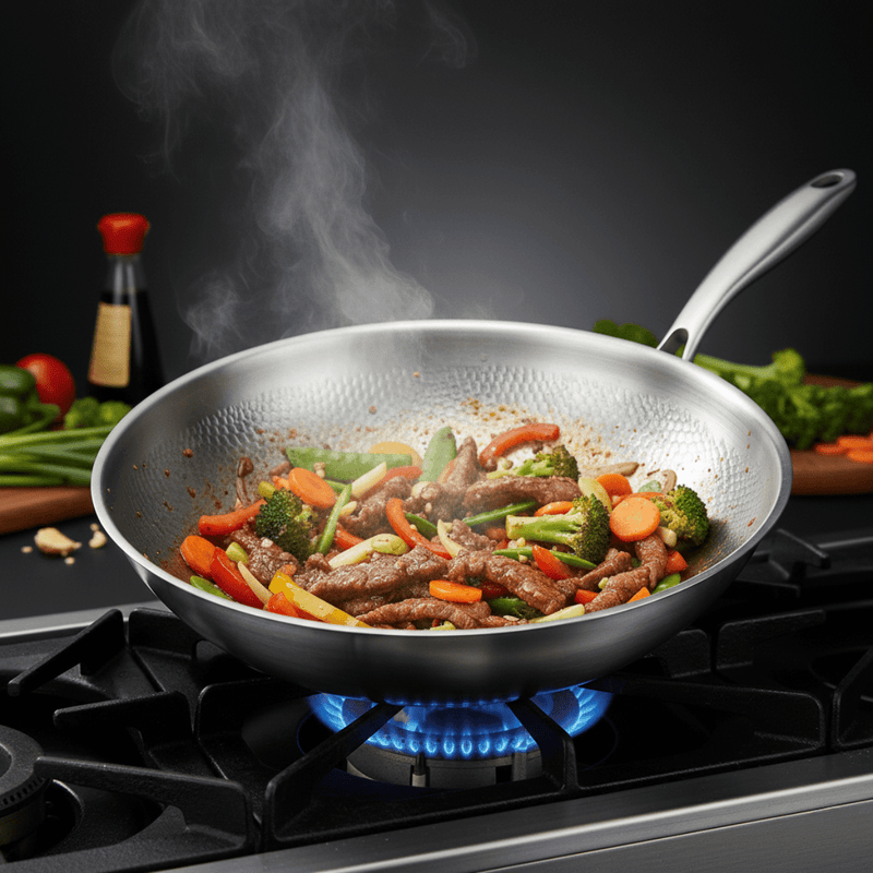 Wok met roergebakken vlees, broccoli, wortel en paprika op een gasfornuis met blauwe vlam en stomende damp. 6