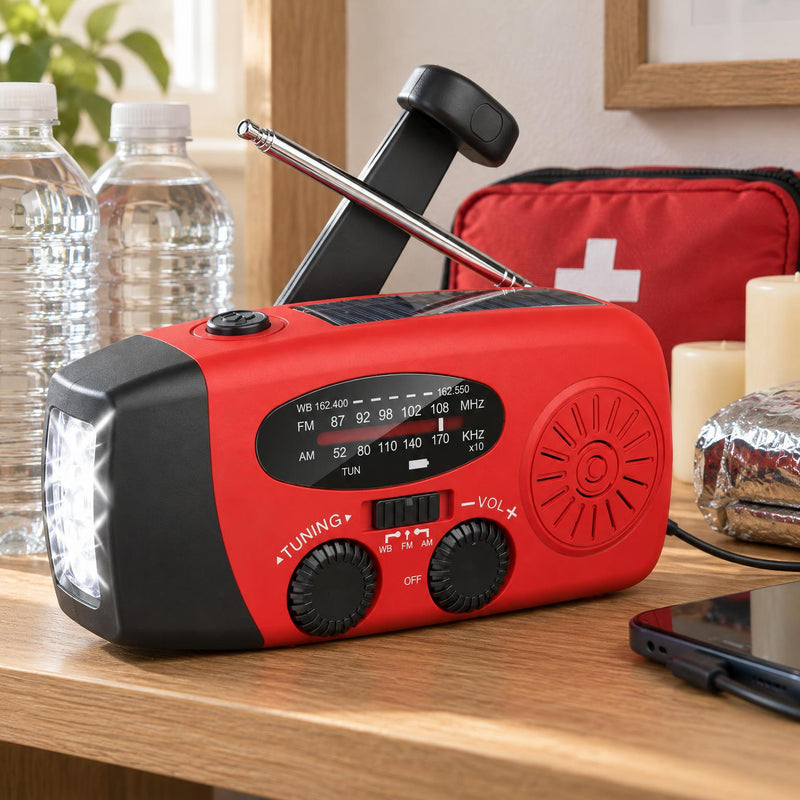 Rode noodradio met brandende zaklamp op een houten tafel naast waterflessen, EHBO-tas en kaarsen 1