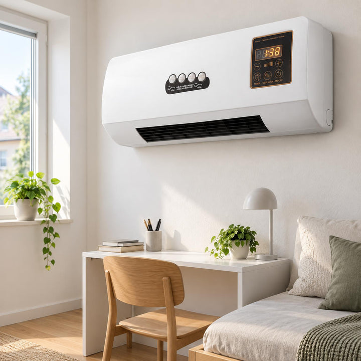 Witte wandairco boven een bureau in een lichte slaapkamer met planten en een stoel 1