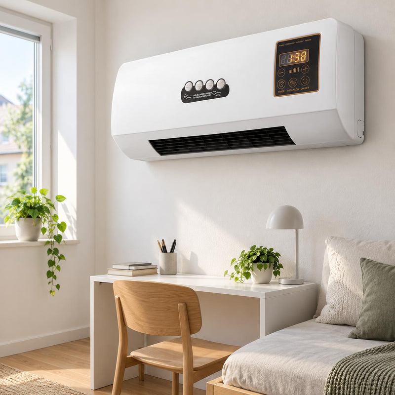 Witte wandairco boven een bureau in een lichte slaapkamer met planten en een stoel 1