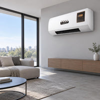 Witte wandairco boven een lage houten kast in een moderne woonkamer met bank en groot raam 1