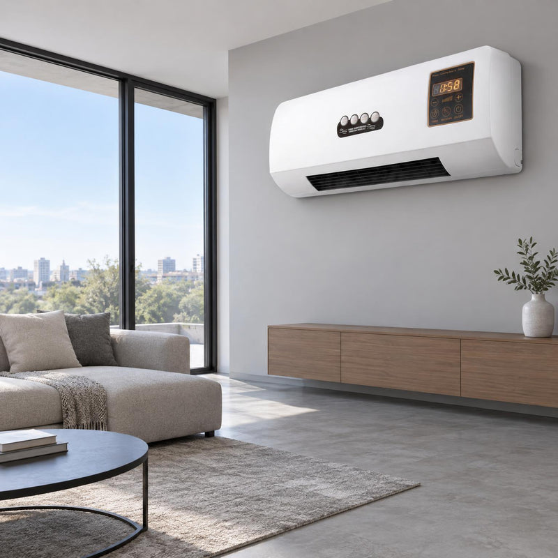 Witte wandairco boven een lage houten kast in een moderne woonkamer met bank en groot raam 1