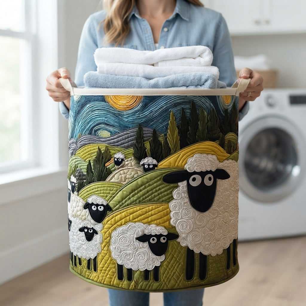 Vrouw in spijkerblouse houdt de mand bij de handgrepen vast, gevuld met opgevouwen witte en blauwe handdoeken. 4