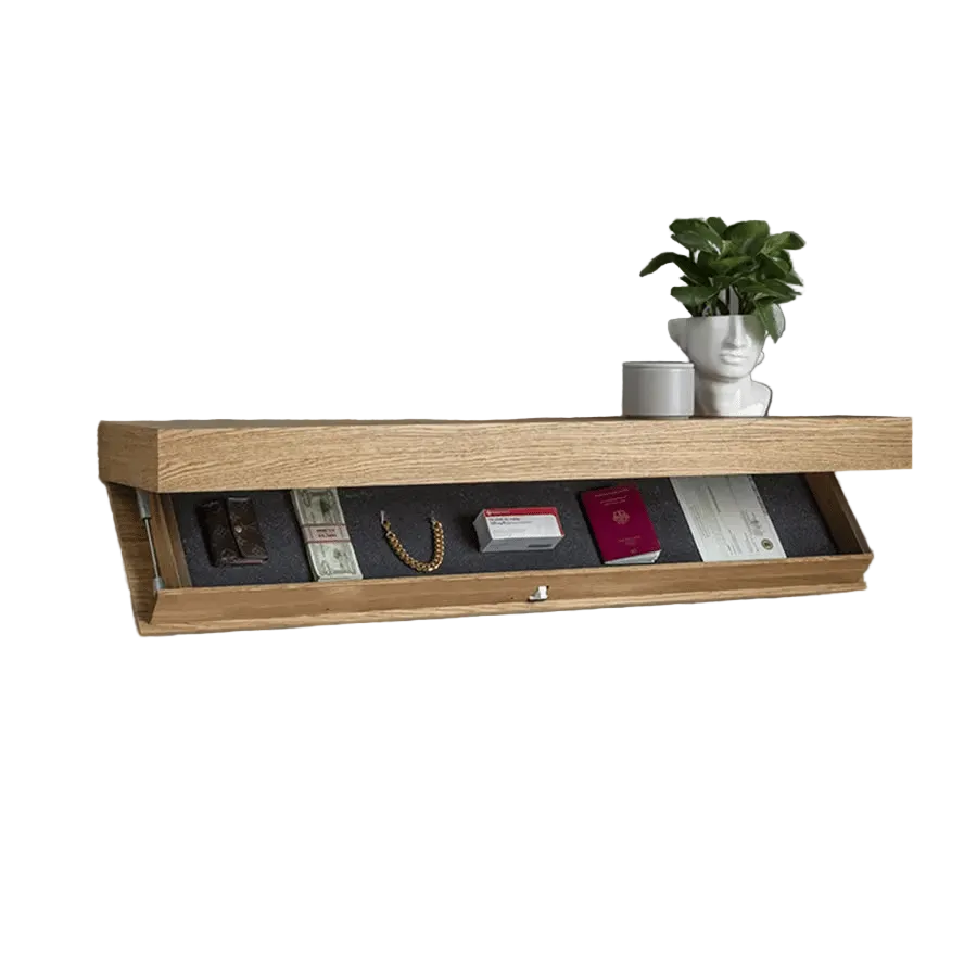 Eikenhouten wandplank met open verborgen vak met portemonnee, geld, gouden armband en paspoort, met een plantenpot bovenop. 3