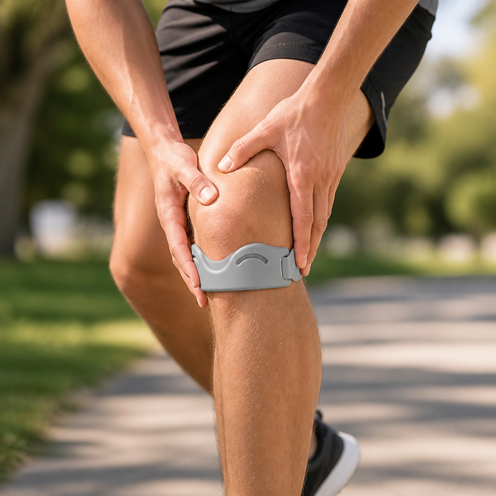 Man houdt zijn knie vast met beide handen, met een grijze versie van de kniebandage om het been, op een boswandelpad. 6