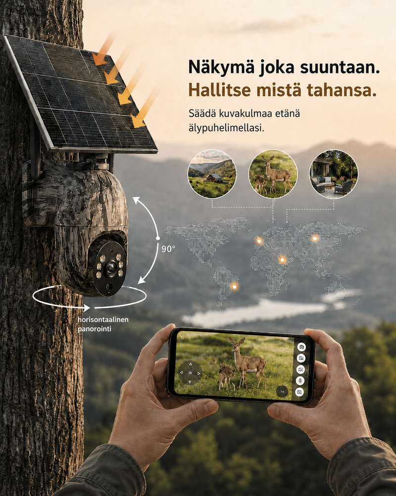 Camera met zonnepaneel aan een boomstam, met draaihoeken van 90 graden en een hand die het beeld op een smartphone bedient. 6