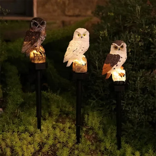 Drie lichtgevende uilen in bruin, wit en bruinwit met oranje vleugels, op grondpinnen tussen lage planten in de avondtuin. 5