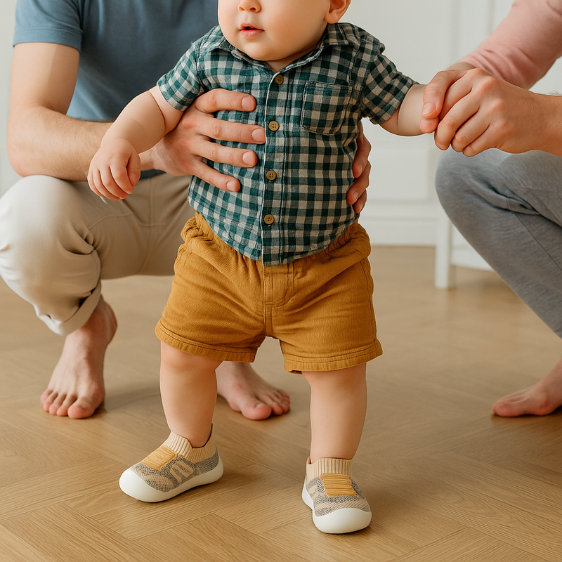 Baby in geruit overhemd zet eerste stapjes op parket met hulp van twee volwassenen, met beige gebreide schoentjes aan. 5