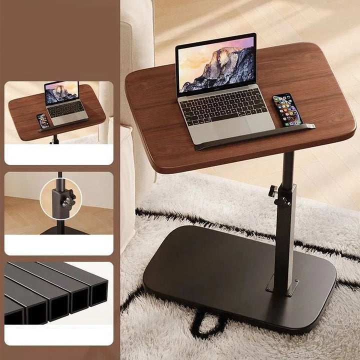 Donkerhouten laptoptafel met zwarte voet op een hoogpolig kleed, met drie detailkaders van het blad, de stelknop en de stalen buizen. 3