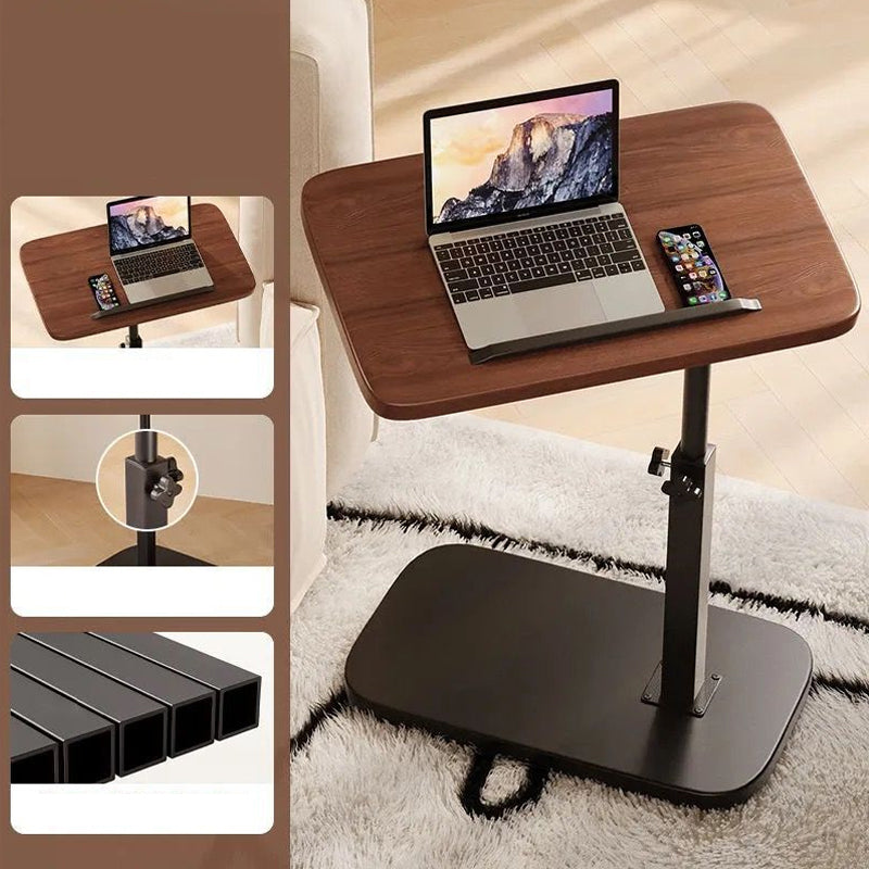 Donkerhouten laptoptafel met zwarte voet op een hoogpolig kleed, met drie detailkaders van het blad, de stelknop en de stalen buizen. 3