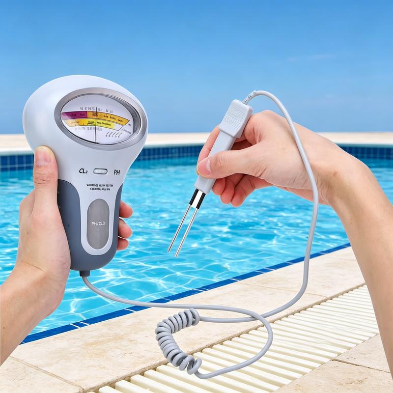 Twee handen houden de tester vast en de sonde met twee pennen boven het zwembadwater, met spiraalkabel op de zwembadrand. 2