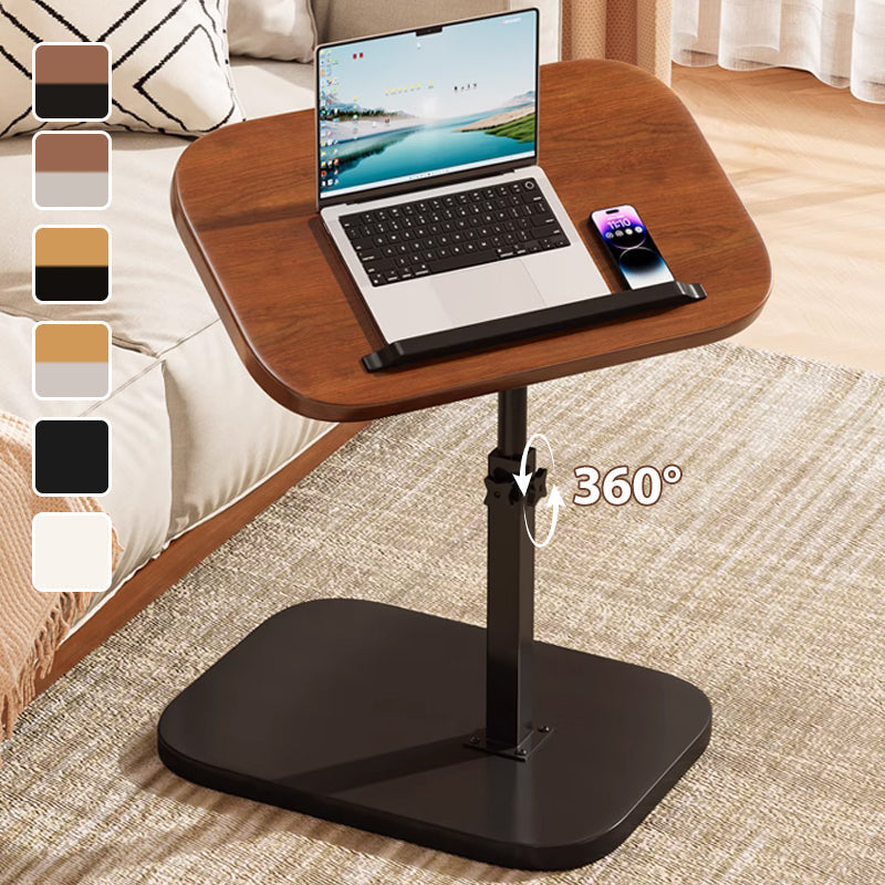 Notenhouten laptoptafel met zwarte voet naast een bank, met laptop en telefoon erop, kleurstalen links en een 360°-draaipijl. 1