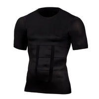 Zwart kort shirt met ronde hals en brede elastische banden over de buik, voorkant op een witte achtergrond. 1