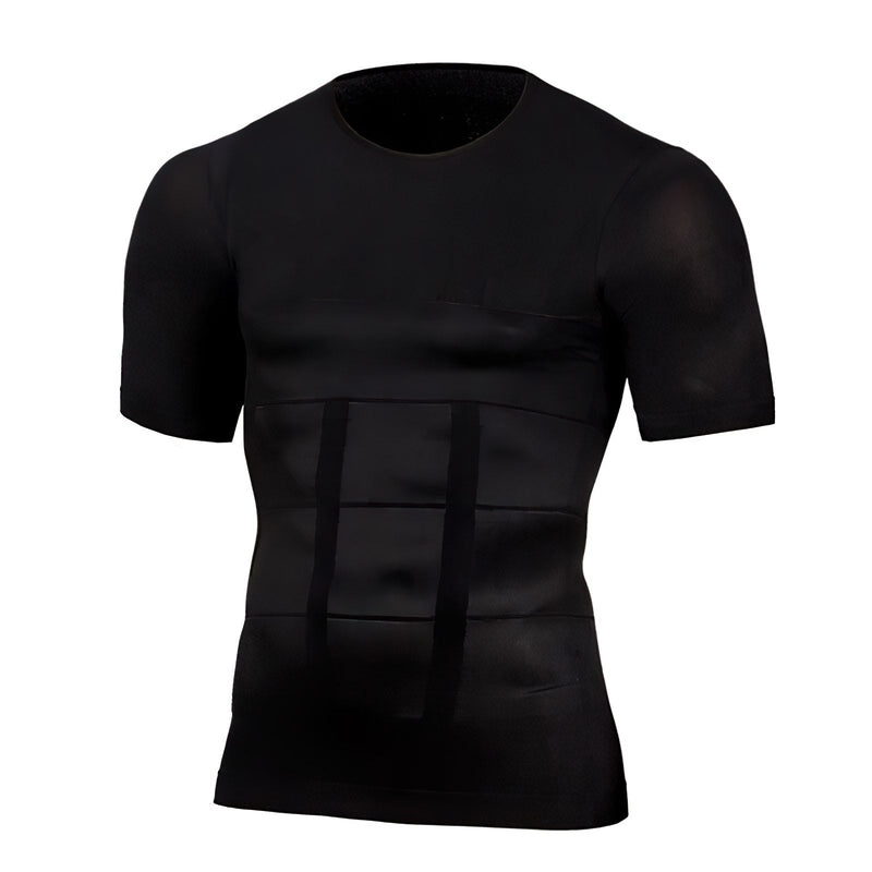 Zwart kort shirt met ronde hals en brede elastische banden over de buik, voorkant op een witte achtergrond. 1