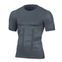 Grijs kort shirt met ronde hals en elastische banden over de buik, voorkant op een witte achtergrond. 4